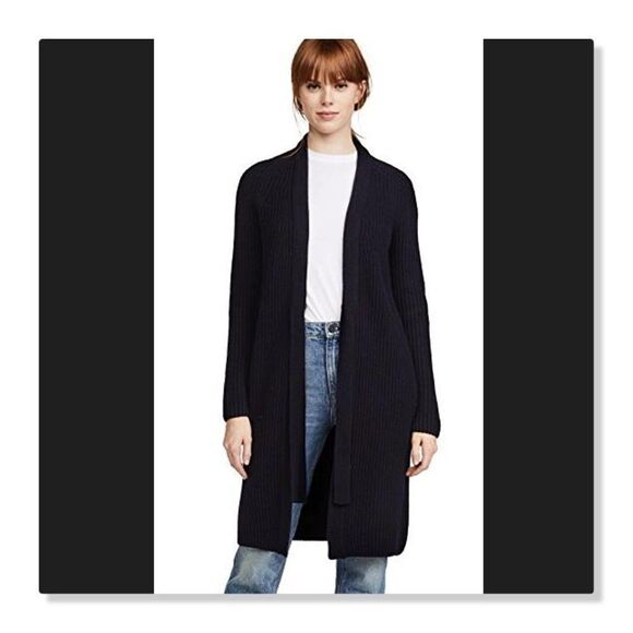 VINCE: Rib Knit Wool Blend Tie Front Cardigan - size XS in Navy Blue - Picture 1 of 16